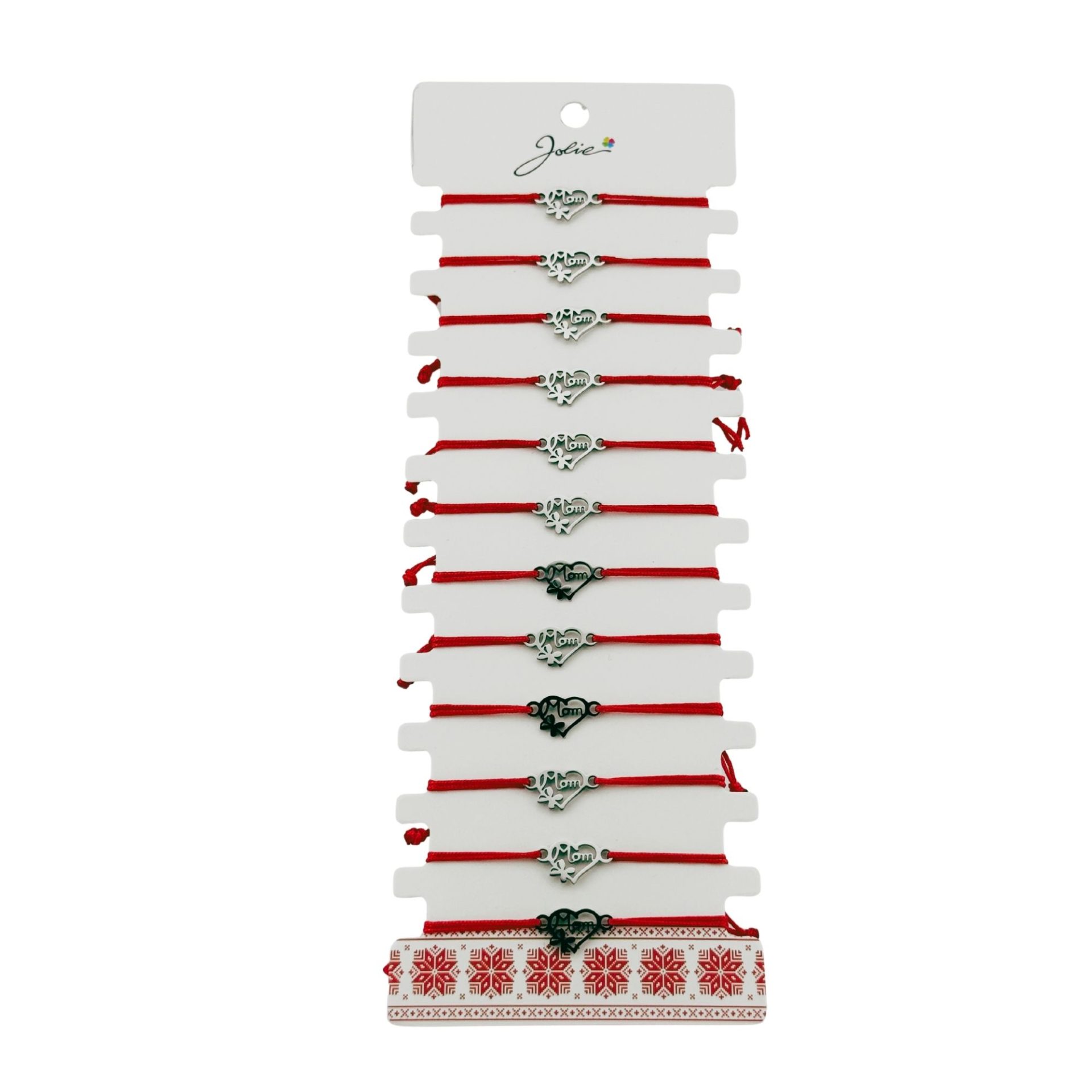 Martisoare diverse - Bratara Martisor pentru Dama, Jolie, Model Inima cu Fluture, Set 12 bucati, Pandativ Argintiu din Inox cu Snur Rosu Ajustabil