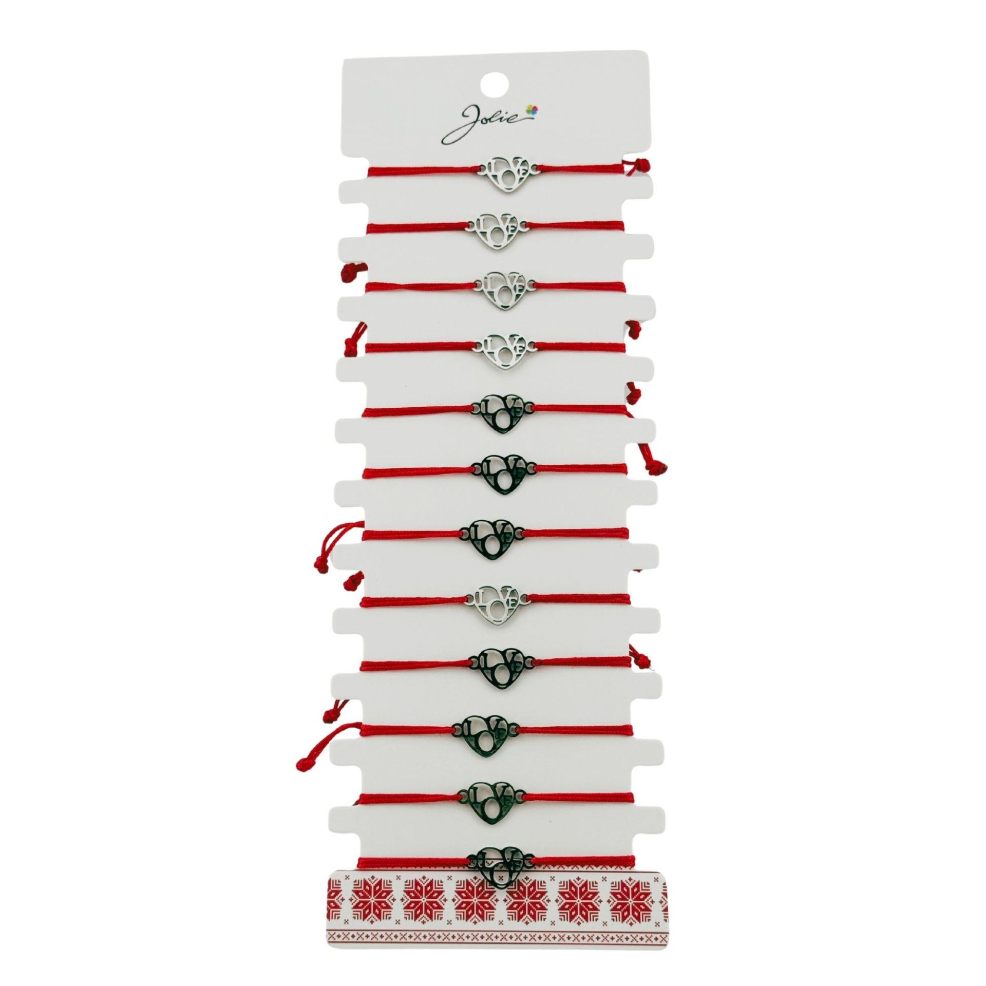 Martisoare diverse - Bratara Martisor pentru Dama, Jolie, Model Inima Love, Set 12 bucati, Pandativ Argintiu din Inox cu Snur Rosu Ajustabil