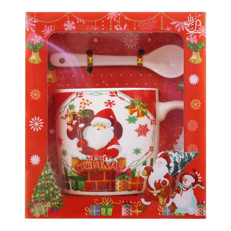 Casă și camping - Set cana ceramica cu lingurita Flippy, 200 ml, tematica Mos Craciun cu sac de cadouri, multicolor