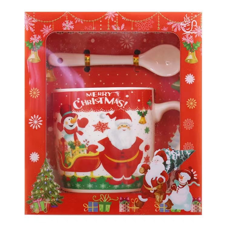 Casă și camping - Set cana ceramica cu lingurita Flippy, 200 ml, tematica Mos Craciun cu sanie, multicolor
