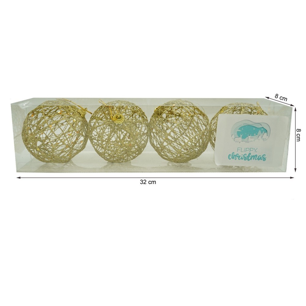 Set de 4 ornamente de brad, Flippy, de tip Glob, Auriu, cu ø de 8 cm, din metal, cu finisaj sclipitor , cutie 8 cm adancime x 32 cm lungime x 8 cm inaltime [10]