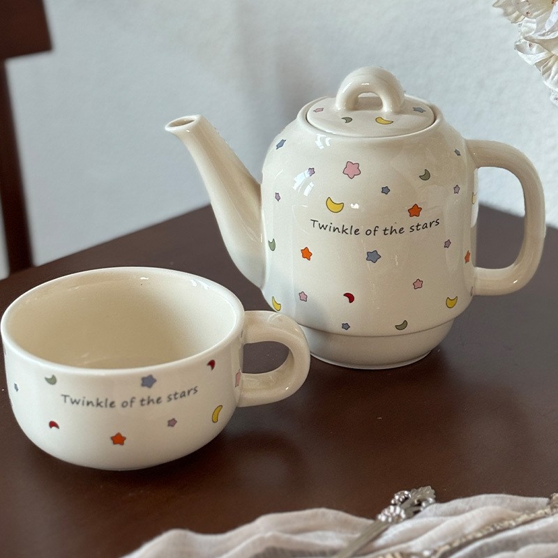Set de Ceai, Flippy, Ceainic cu Ceasca pentru Uz Casnic, Stele cu Luna, Set de Ceai pentru Copii, Adulti, 18 x 17 x 13 cm, Alb Crem [2]