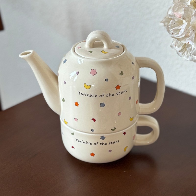 Set de Ceai, Flippy, Ceainic cu Ceasca pentru Uz Casnic, Stele cu Luna, Set de Ceai pentru Copii, Adulti, 18 x 17 x 13 cm, Alb Crem [1]