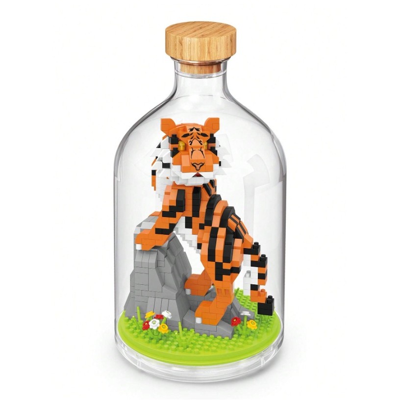Jucării, copii și bebe - Set de Construit in Sticla, Flippy, 704 Piese, din Plastic, +14 Ani, 10 x 19.6 cm, Model Tigru, Multicolor
