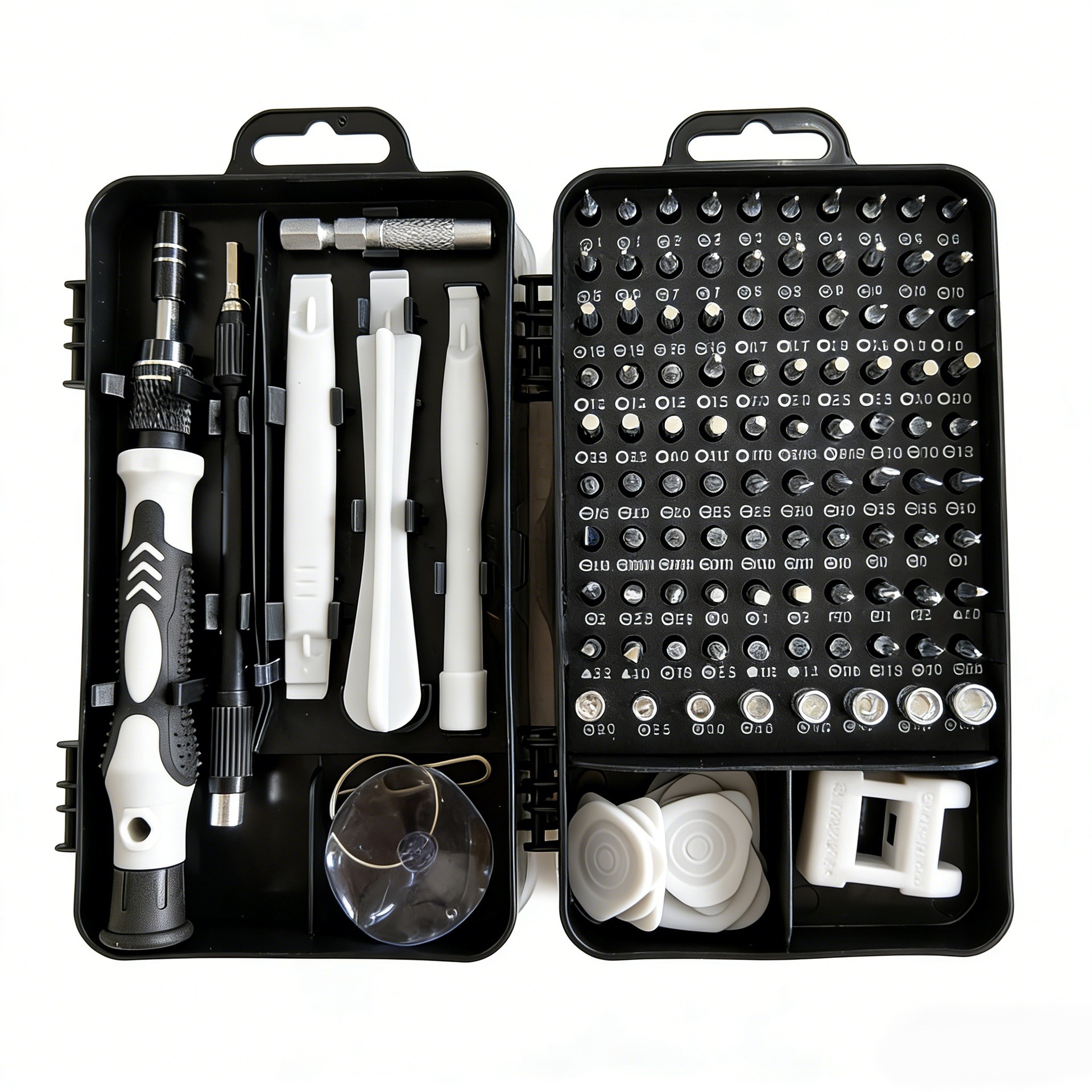 Surubelnite pentru Reparea Telefoanelor, Flippy, Set 115-in-1 Cromate, Demontarea Repararea Ceasurilor, Electronicelor Mici, Maner detalii Albe, 18 x 11 x 6 cm, Negru [1]