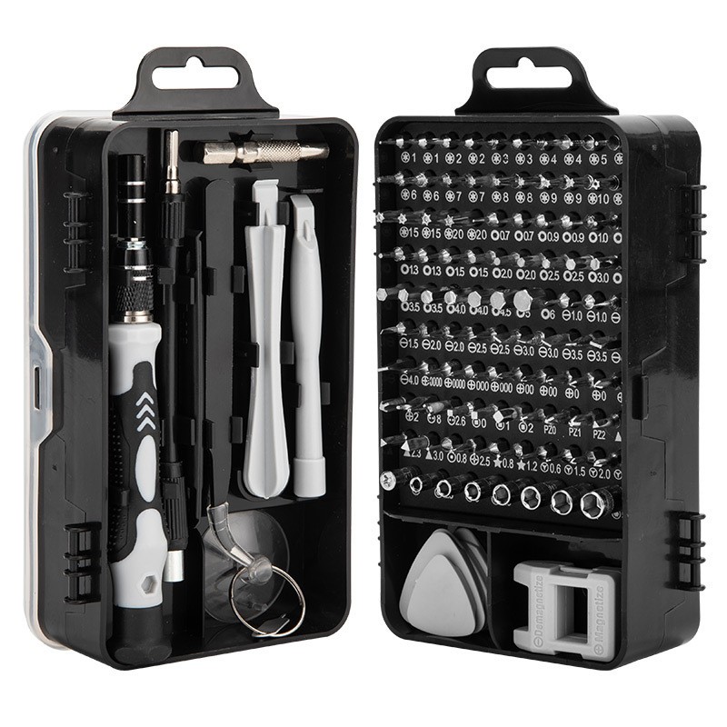 Surubelnite pentru Reparea Telefoanelor, Flippy, Set 115-in-1 Cromate, Demontarea Repararea Ceasurilor, Electronicelor Mici, Maner detalii Albe, 18 x 11 x 6 cm, Negru [0]