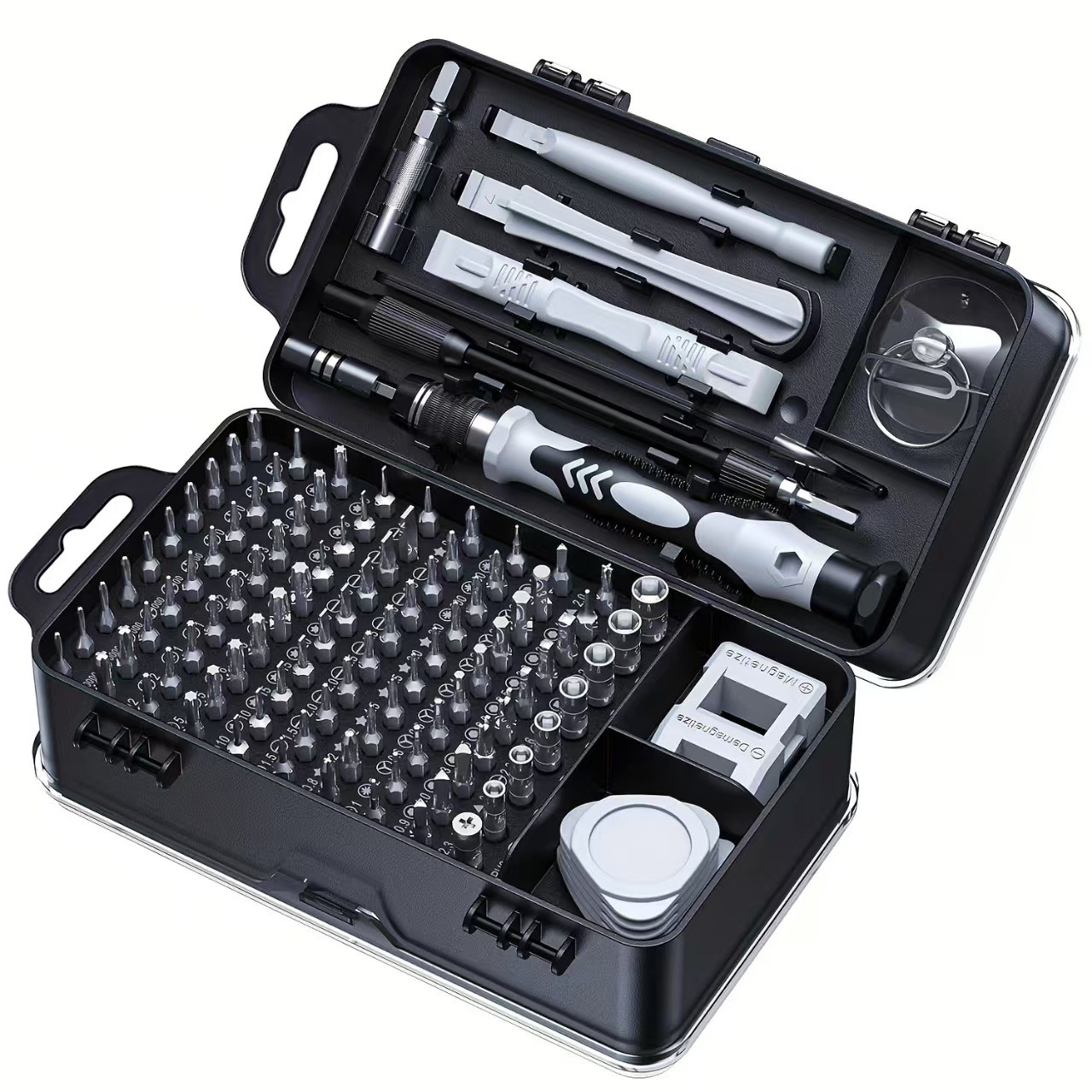 Surubelnite pentru Reparea Telefoanelor, Flippy, Set 115-in-1 Cromate, Demontarea Repararea Ceasurilor, Electronicelor Mici, Maner detalii Albe, 18 x 11 x 6 cm, Negru [2]