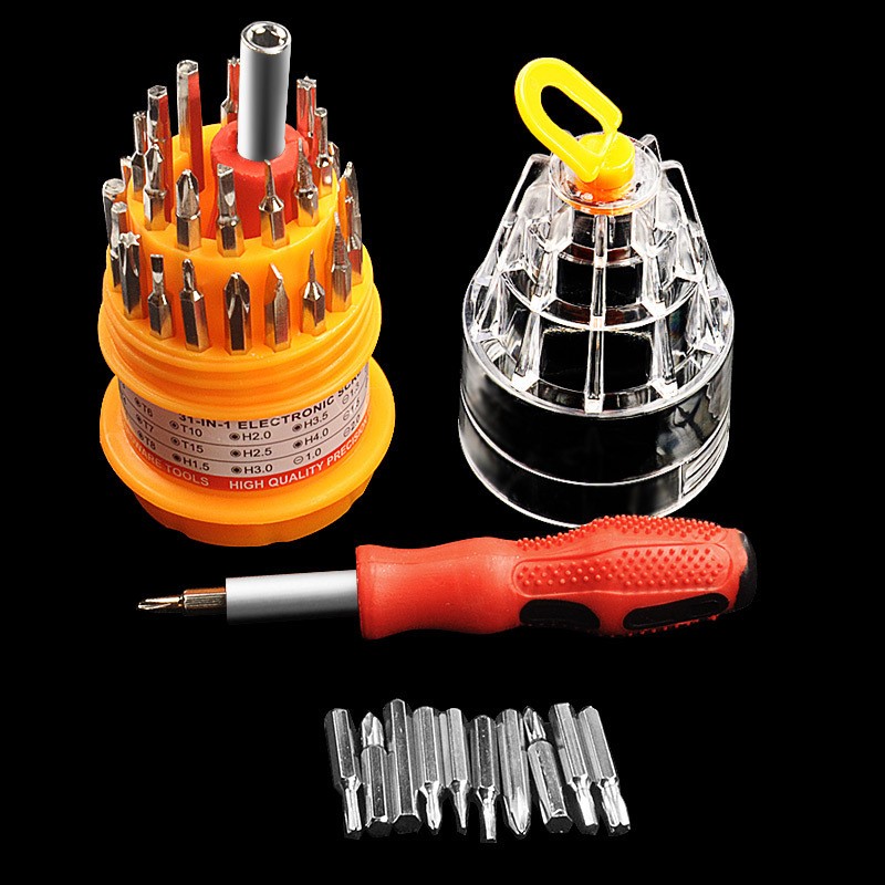 Set de Surubelnite 31-in-1 cu Clichet, Flippy, Set de Uz Casnic pentru Repararea Electronicelor Mici, Maner durabil Izolat Magnetic, 10 x 5 x 5 cm, Galben [1]