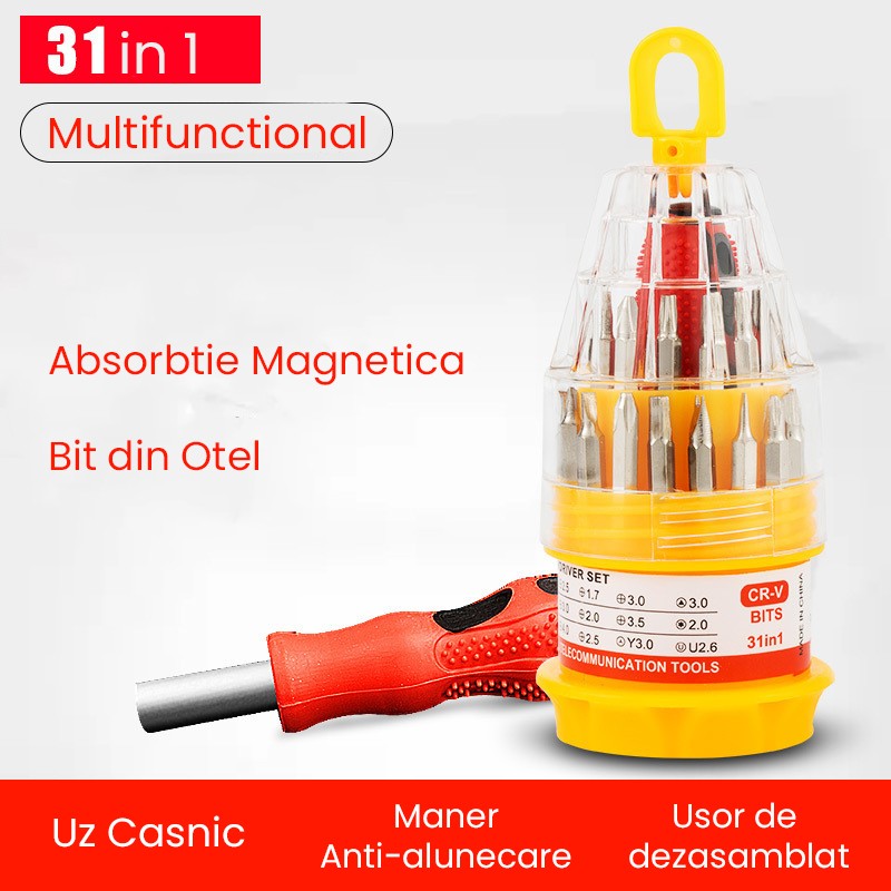 Set de Surubelnite 31-in-1 cu Clichet, Flippy, Set de Uz Casnic pentru Repararea Electronicelor Mici, Maner durabil Izolat Magnetic, 10 x 5 x 5 cm, Galben [2]