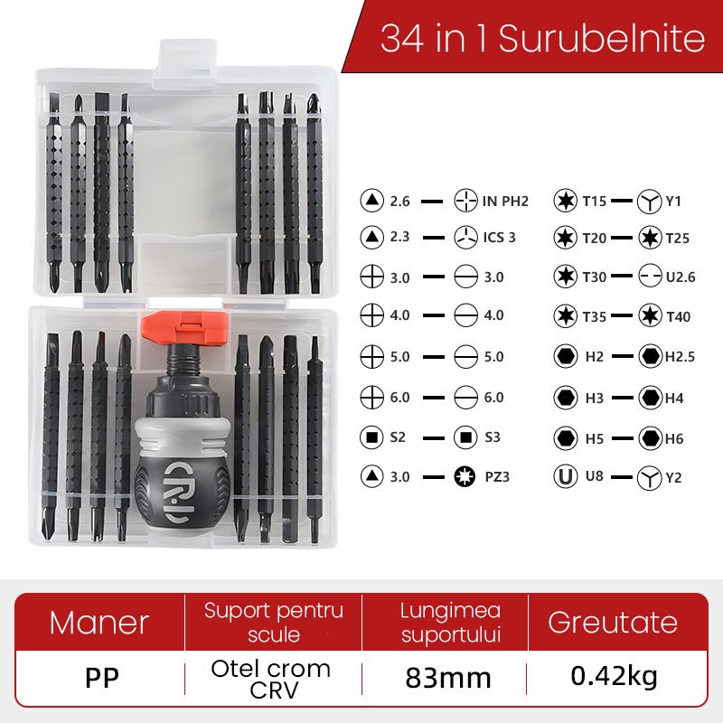 Set de Surubelnite 34-in-1 cu Clichet, Flippy, Set de Uz Casnic pentru Repararea Electronicelor Mici, Maner durabil, 12 x 10 x 5 cm, Negru Mat [1]