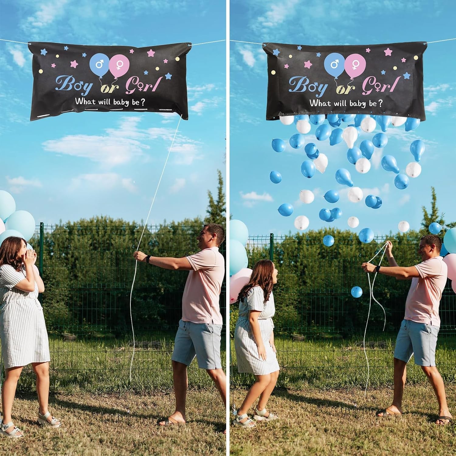 Set Gender Reveal, Flippy, Balloon Drop Bag, din Plastic si Latex, 24 Baloane Roz si Albastru 13 cm, Sac pentru Baloane 60 x 120 cm, Multicolor [3]