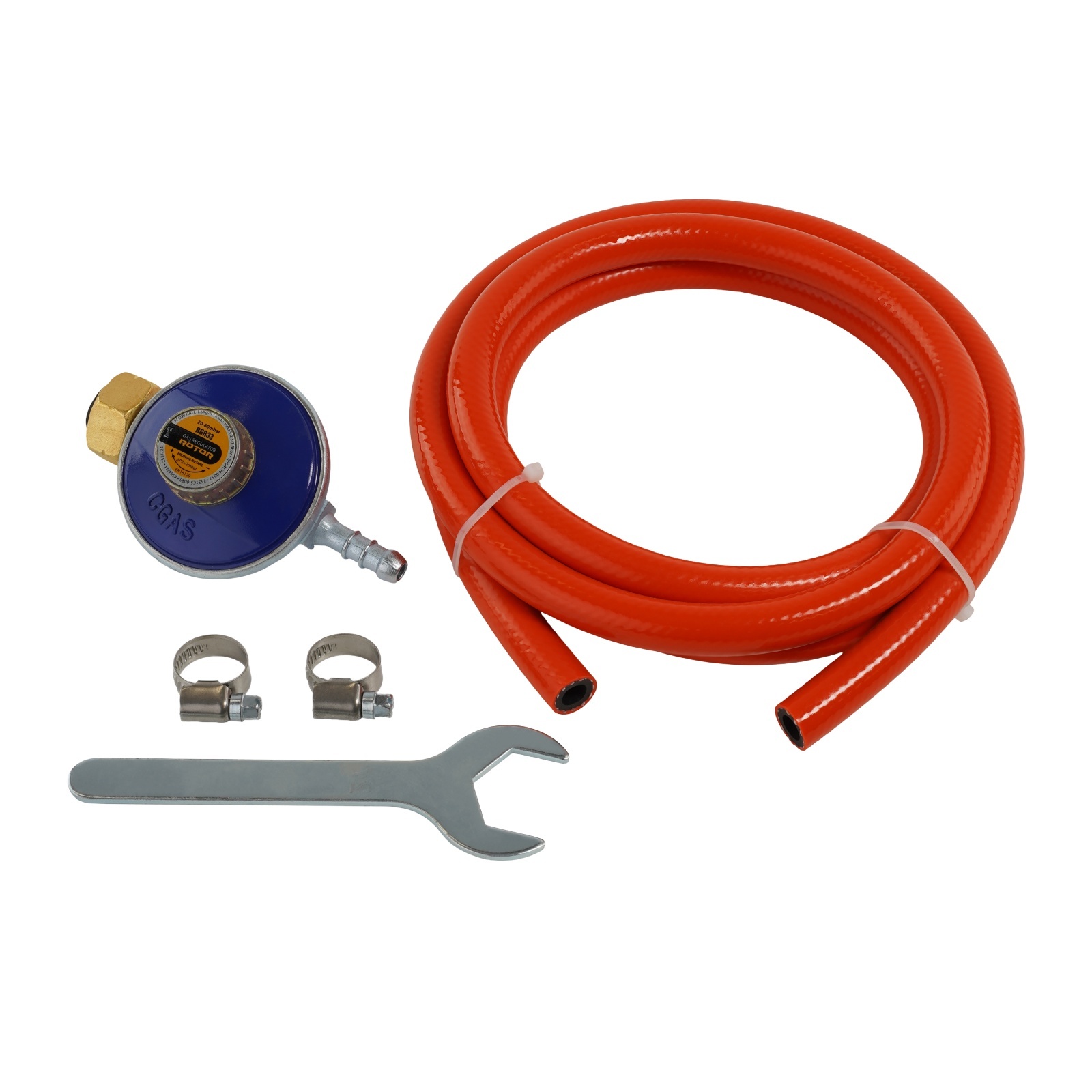Casă și camping - Set regulator reglabil butelie gaz GPL Propan/Butan, furtun 1.5 metri, 2 coliere, cheie RSGR1 ROTOR