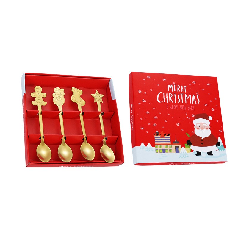 Casă și camping - Set 4 Lingurite, Flippy, Tema Craciun, din Otel Inoxidabil, 4 Modele Festive, Cutie Cadou, 14 x 14 x 2.5 cm, Auriu