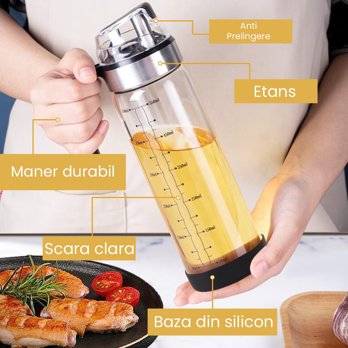 Sticla de ulei etansa cu deschidere inchidere, Flippy, Dispenser de ulei de bucatarie, Sos de soia, Otet, 500 ml, Transparent [3]