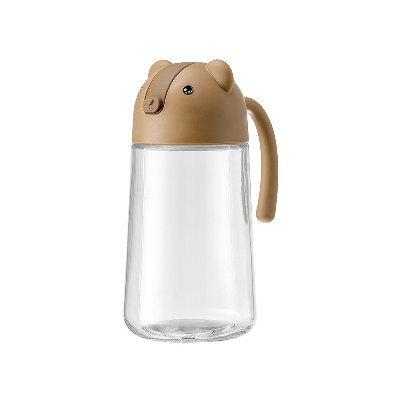 Casă și camping - Recipient de ulei, Flippy, Model Ursulet, Sticla pentru Lichide de Bucatarie, Inchidere Deschidere Automata, 18.5 x 13 cm, Volum 630 ml, Maro