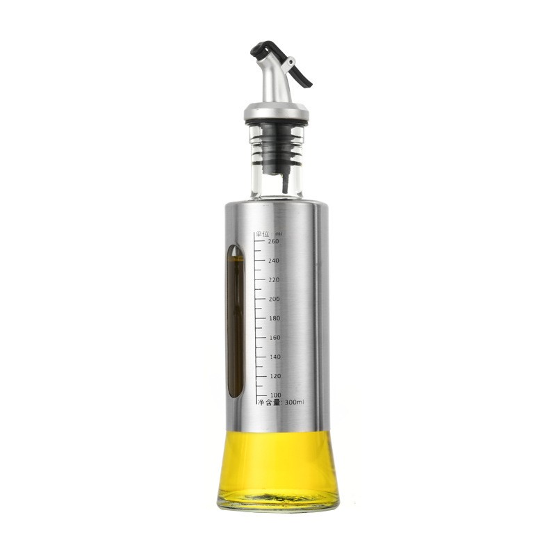 Casă și camping - Sticla de ulei, Flippy, Sticla de Ulei din Otel Inoxidabil, Sticla pentru Lichide de Bucatarie, Sticla pentru Lichide de Gatit, 24.8 x 6.5 cm, volum 300 ml, Gri Transparent
