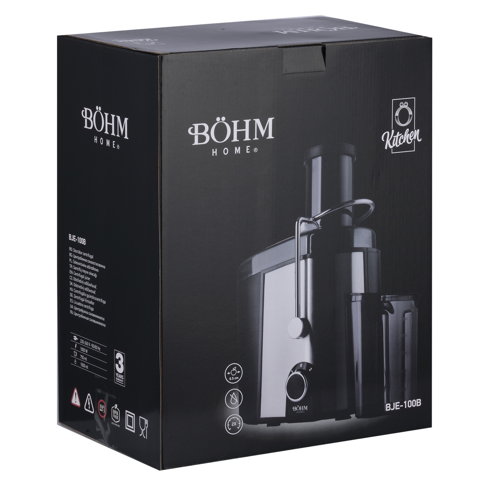 Storcator centrifugal de fructe si legume BoHM Home BJE-100B, 1000W, tub alimentare o85 mm, recipient suc 750 ml [6]