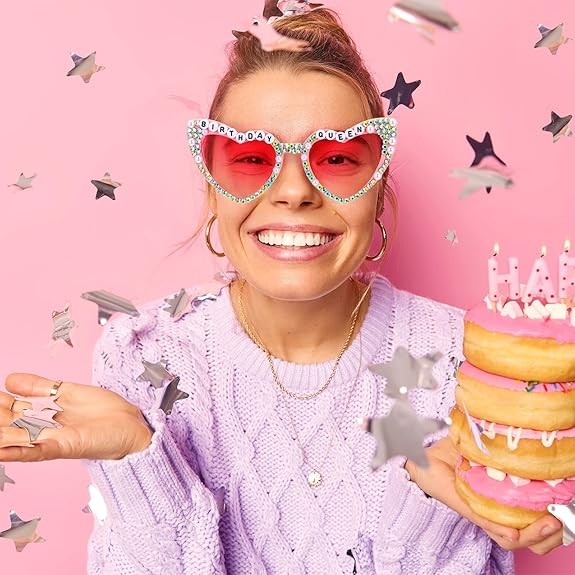 Ochelari Decorativi, Flippy, Model Birthday Queen, cu Diamante, pentru Aniversari, din PC, 15.3 x 5.7 x 14.5 cm, Roz [2]