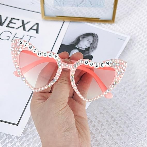 Ochelari Decorativi, Flippy, Model Birthday Queen, cu Perle si Pietre, pentru Aniversari, din PC, 15.3 x 5.7 x 14.5 cm, Roz [4]