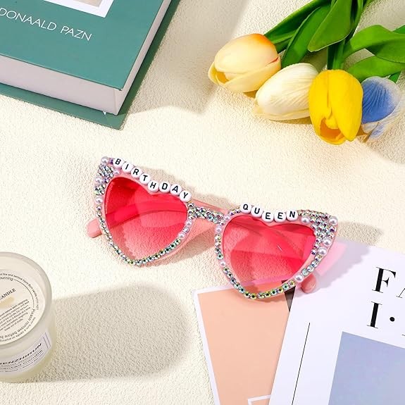 Ochelari Decorativi, Flippy, Model Birthday Queen, cu Diamante, pentru Aniversari, din PC, 15.3 x 5.7 x 14.5 cm, Roz [1]