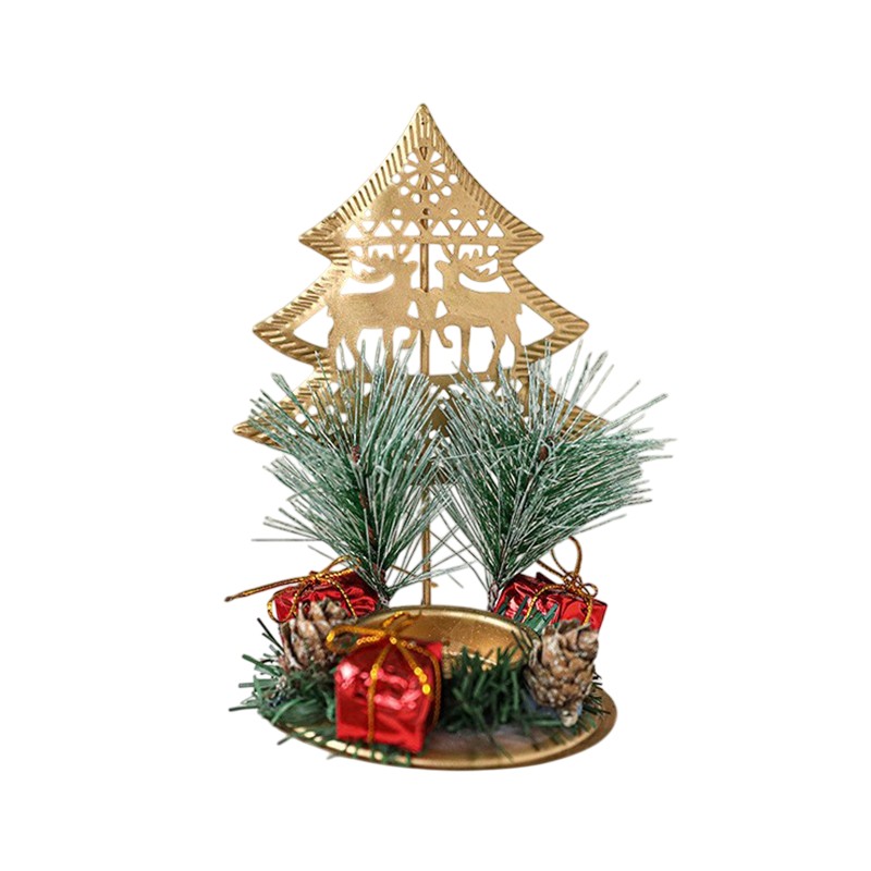 Suport Decorativ pentru Lumanare de Craciun, Flippy, Ornament pentru Lumanare pe Masa, Model Brad cu Reni si Crengute de Brad, din Art Metal, fara Lumanare 13 x 8.3 cm, Auriu [2]