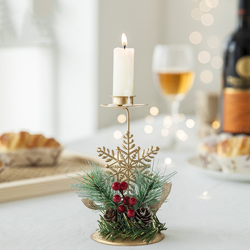 Suport Decorativ pentru Lumanare de Craciun, Flippy, Ornament pentru Lumanare, Model Fulg de Nea Auriu cu Crengute de Brad, din Art Metal, pentru Masa, fara Lumanare, 15 x 8 cm, Auriu [2]