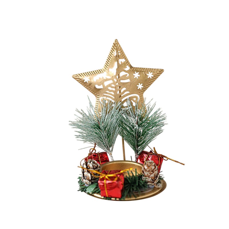 Suport Decorativ pentru Lumanare de Craciun, Flippy, Ornament pentru Lumanare pe Masa, Model Stea cu Clopotei si Crengute de Brad, din Art Metal, fara Lumanare 13 x 8.3 cm, Auriu [2]