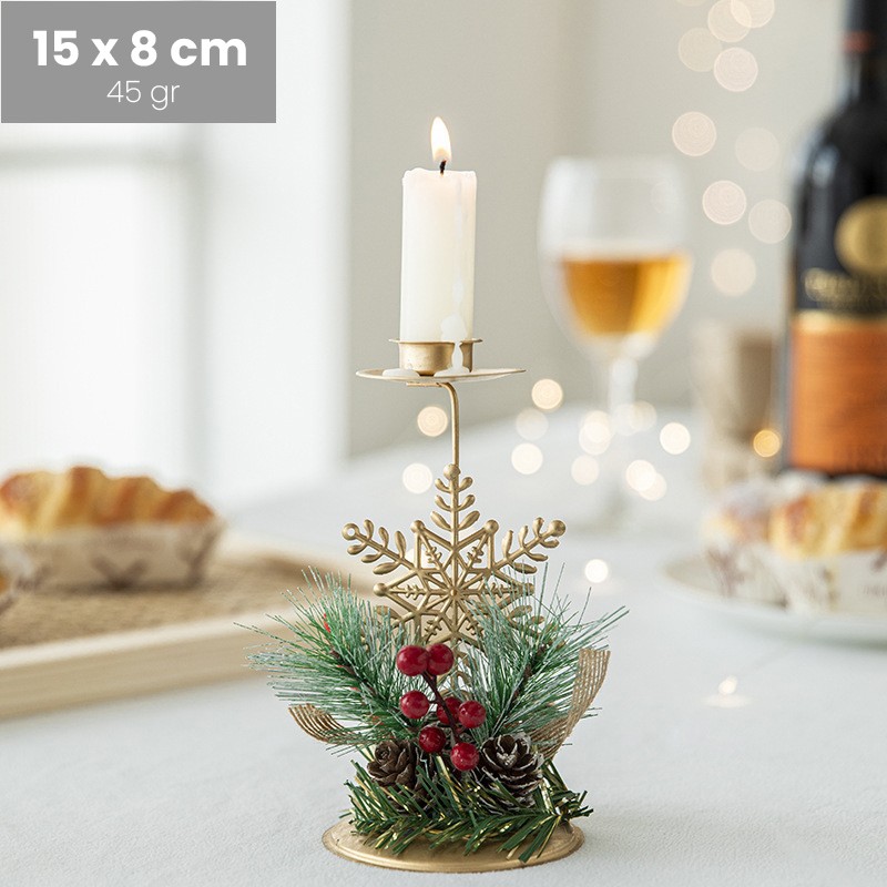 Suport Decorativ pentru Lumanare de Craciun, Flippy, Ornament pentru Lumanare, Model Fulg de Nea Auriu cu Crengute de Brad, din Art Metal, pentru Masa, fara Lumanare, 15 x 8 cm, Auriu [1]
