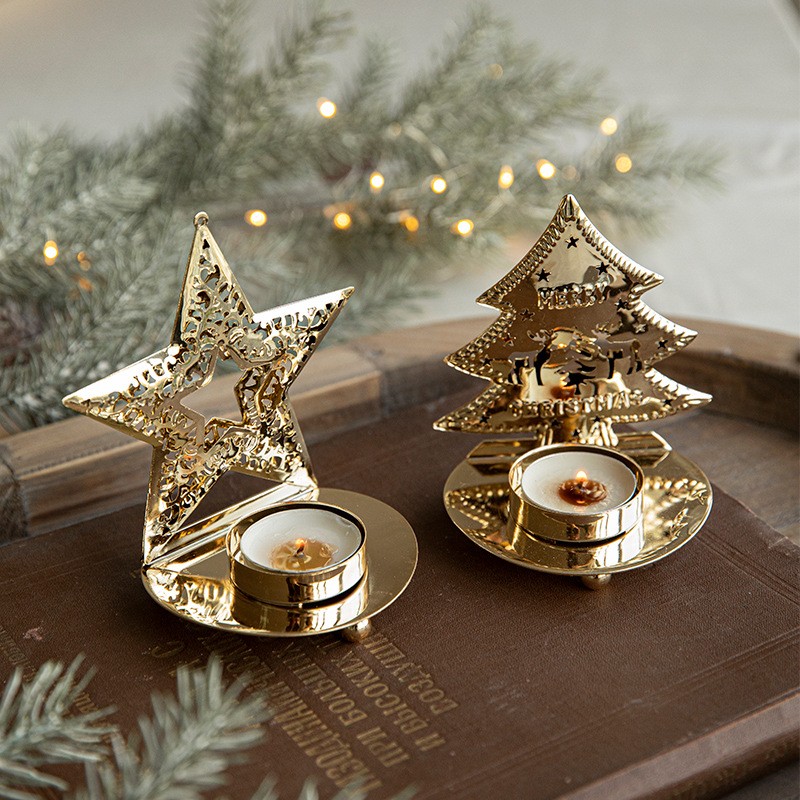 Suport Decorativ pentru Lumanare de Craciun, Flippy, Model Brad Auriu din Art Metal, pentru Masa fara Agatare, 10.5 x 9 x 7.5 cm, Auriu [2]