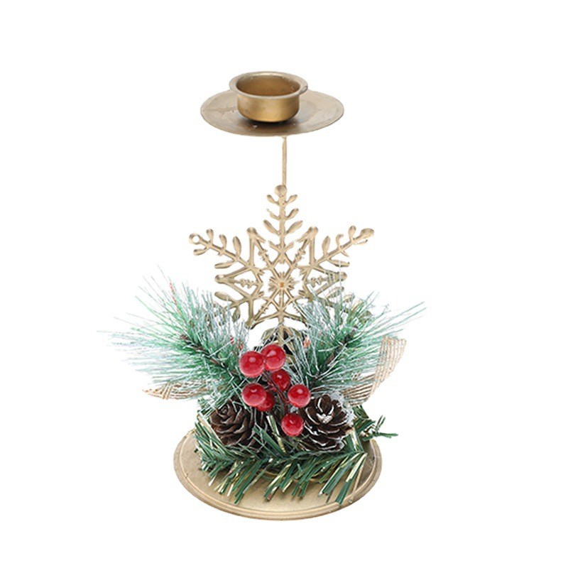 Cadouri și petreceri - Suport Decorativ pentru Lumanare de Craciun, Flippy, Ornament pentru Lumanare, Model Fulg de Nea Auriu cu Crengute de Brad, din Art Metal, pentru Masa, fara Lumanare, 15 x 8 cm, Auriu