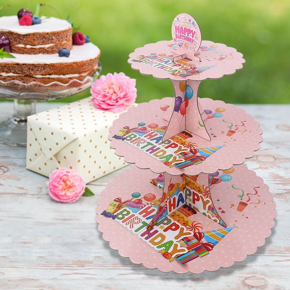 Etajera pentru Prajituri, Flippy, din Carton, 3 Nivele, 16/22/29 cm Diametru, Inaltime 38 cm, Tema Happy Birthday, Roz [5]