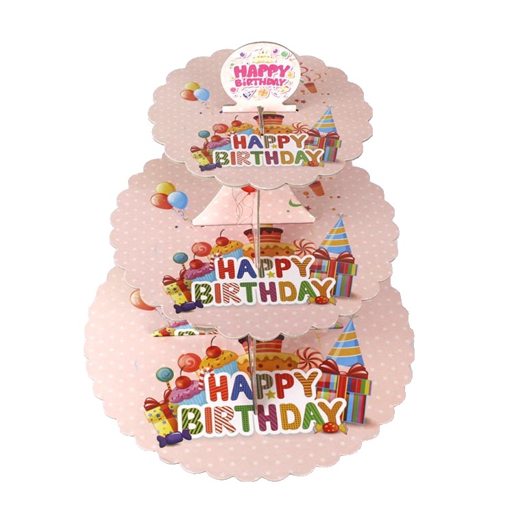 Etajera pentru Prajituri, Flippy, din Carton, 3 Nivele, 16/22/29 cm Diametru, Inaltime 38 cm, Tema Happy Birthday, Roz [4]