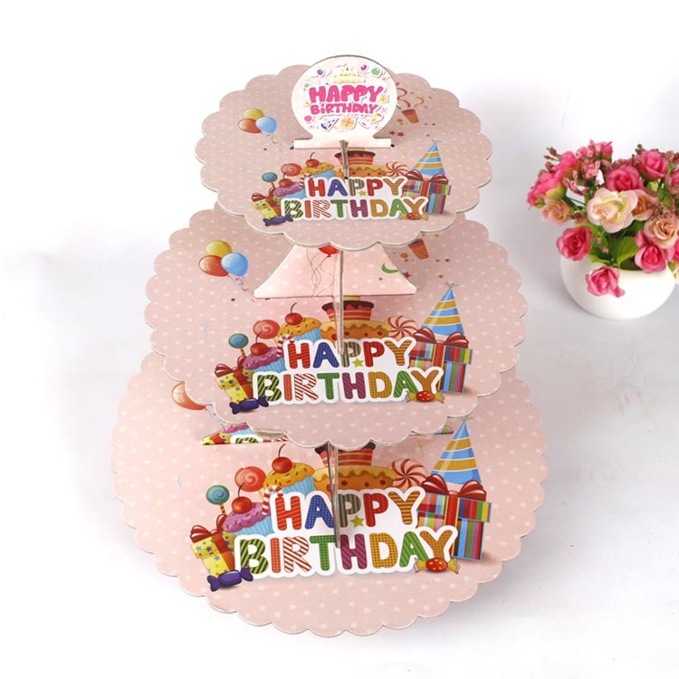 Etajera pentru Prajituri, Flippy, din Carton, 3 Nivele, 16/22/29 cm Diametru, Inaltime 38 cm, Tema Happy Birthday, Roz [6]