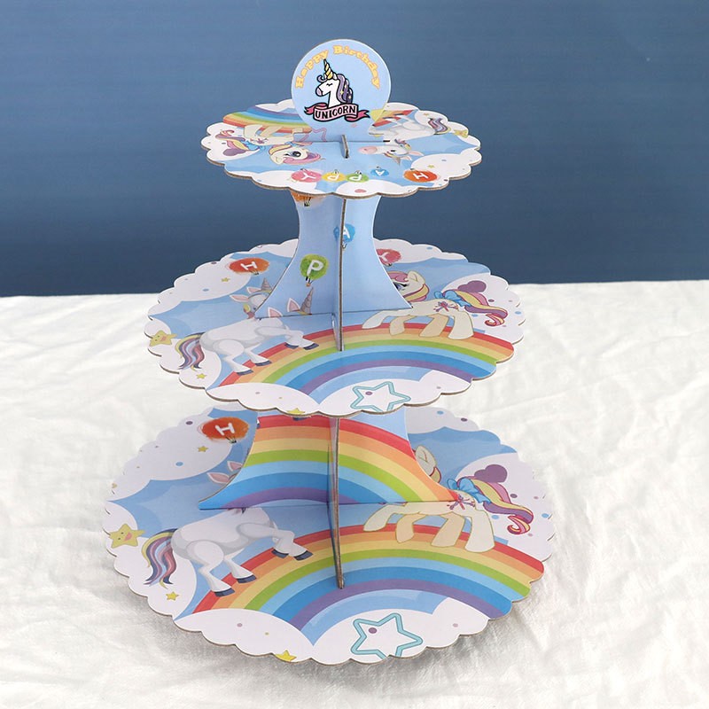 Etajera pentru Prajituri, Flippy, din Carton, 3 Nivele, 16/22/29 cm Diametru, Inaltime 38 cm, Tema Unicorni, Multicolor [1]