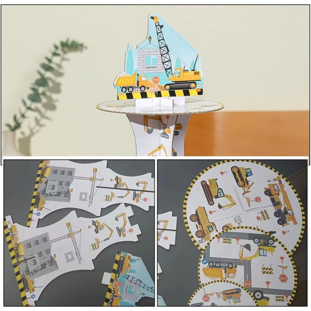 Etajera pentru Prajituri, Flippy, din Carton, 3 Nivele, 16/22/29 cm Diametru, Inaltime 38 cm, Tema Utilaje de Santier, Multicolor [2]