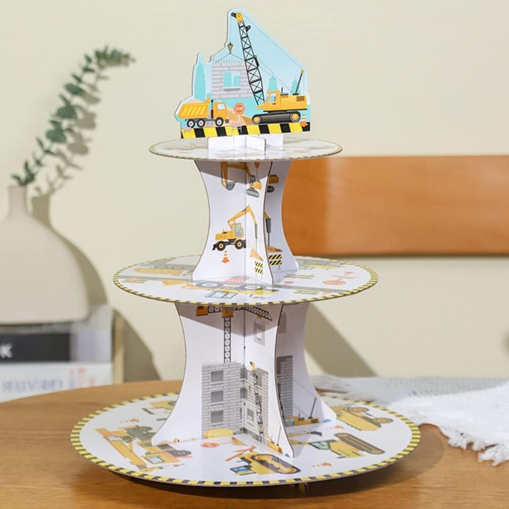 Etajera pentru Prajituri, Flippy, din Carton, 3 Nivele, 16/22/29 cm Diametru, Inaltime 38 cm, Tema Utilaje de Santier, Multicolor [3]
