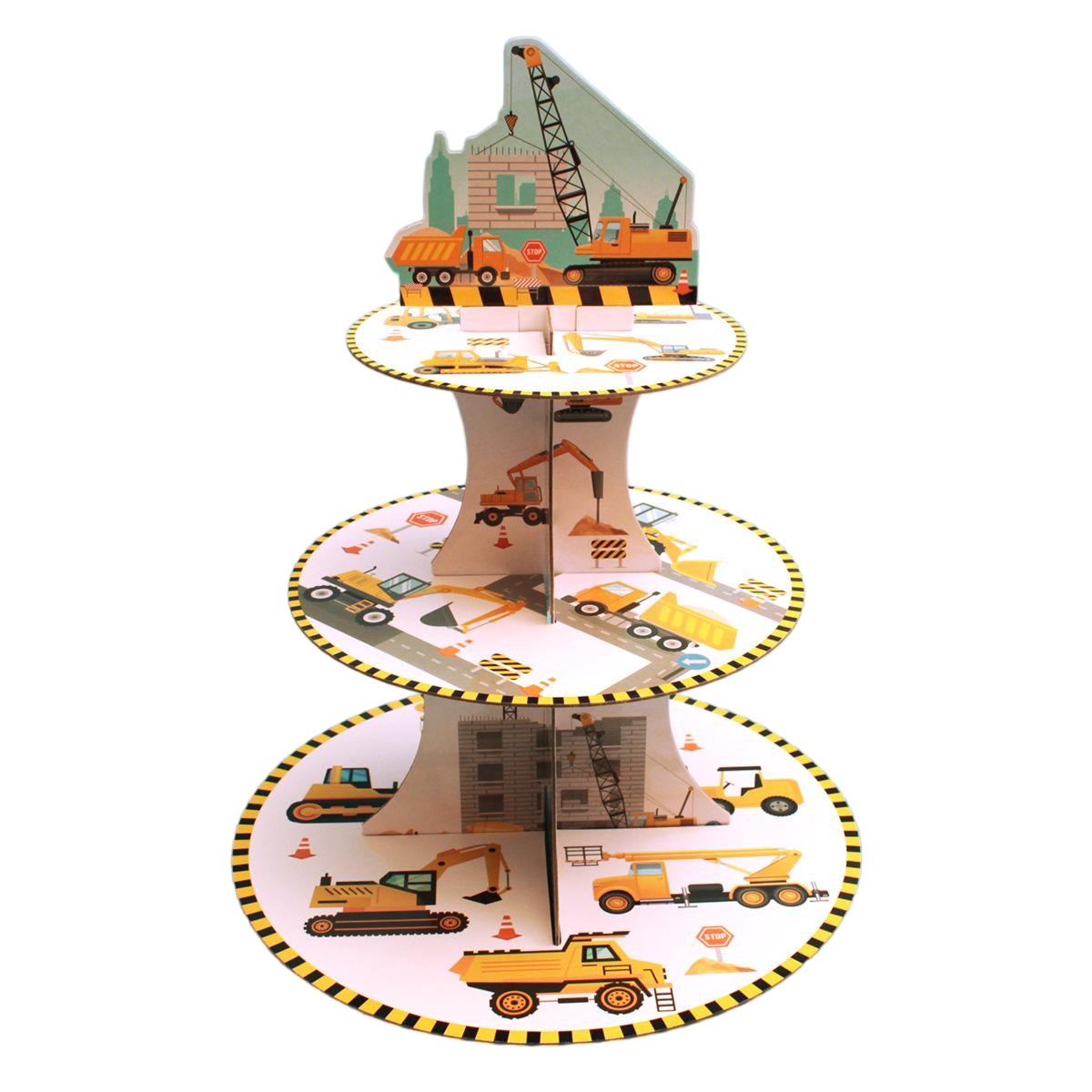 Casă și camping - Etajera pentru Prajituri, Flippy, din Carton, 3 Nivele, 16/22/29 cm Diametru, Inaltime 38 cm, Tema Utilaje de Santier, Multicolor