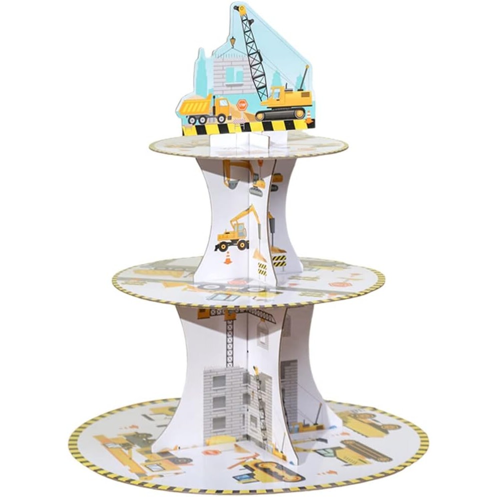 Etajera pentru Prajituri, Flippy, din Carton, 3 Nivele, 16/22/29 cm Diametru, Inaltime 38 cm, Tema Utilaje de Santier, Multicolor [4]