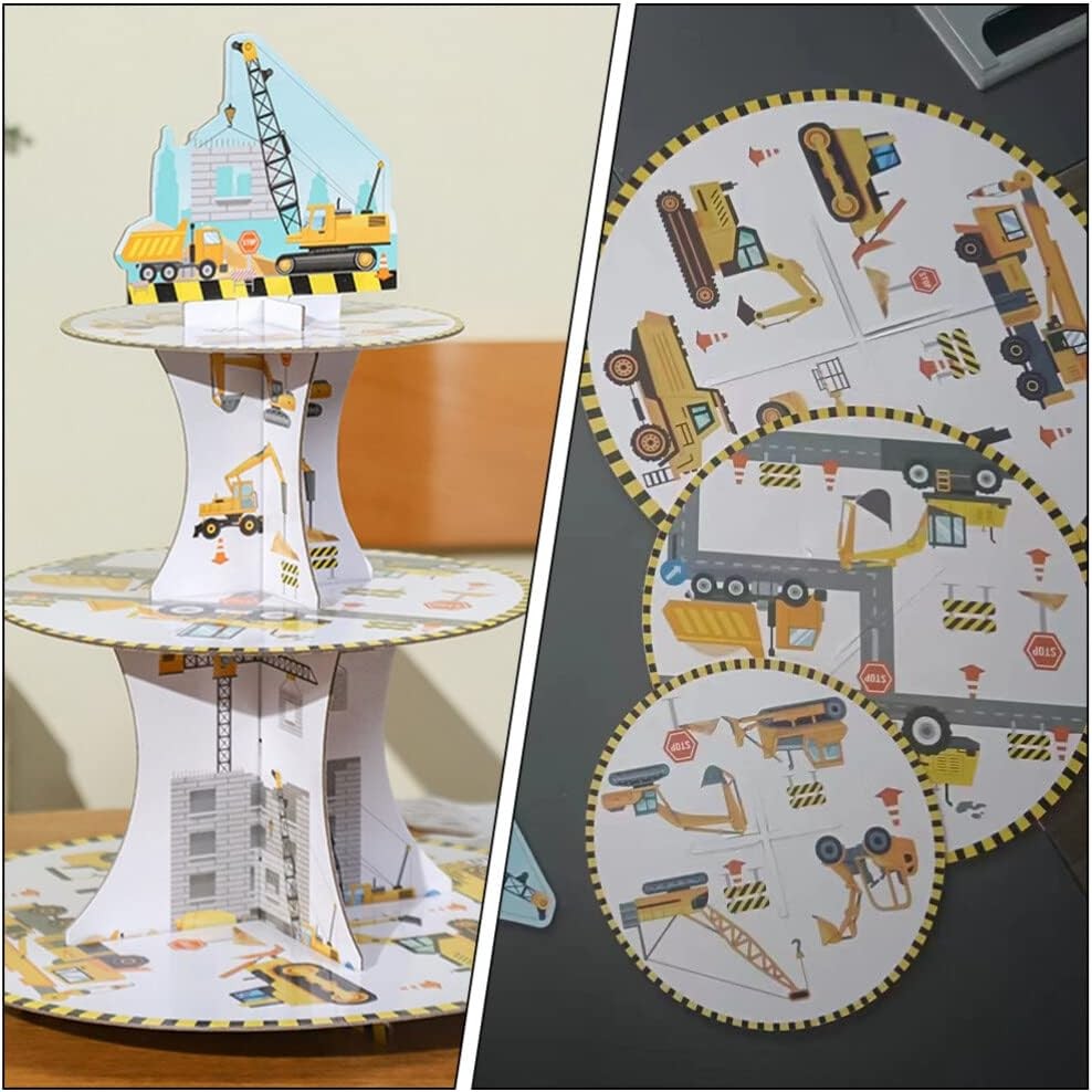 Etajera pentru Prajituri, Flippy, din Carton, 3 Nivele, 16/22/29 cm Diametru, Inaltime 38 cm, Tema Utilaje de Santier, Multicolor [1]