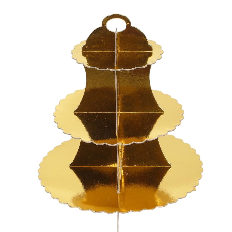 Casă și camping - Etajera pentru Prajituri, Flippy, din Carton, 3 Nivele, 16/22/29 cm Diametru, Inaltime 38 cm, Auriu