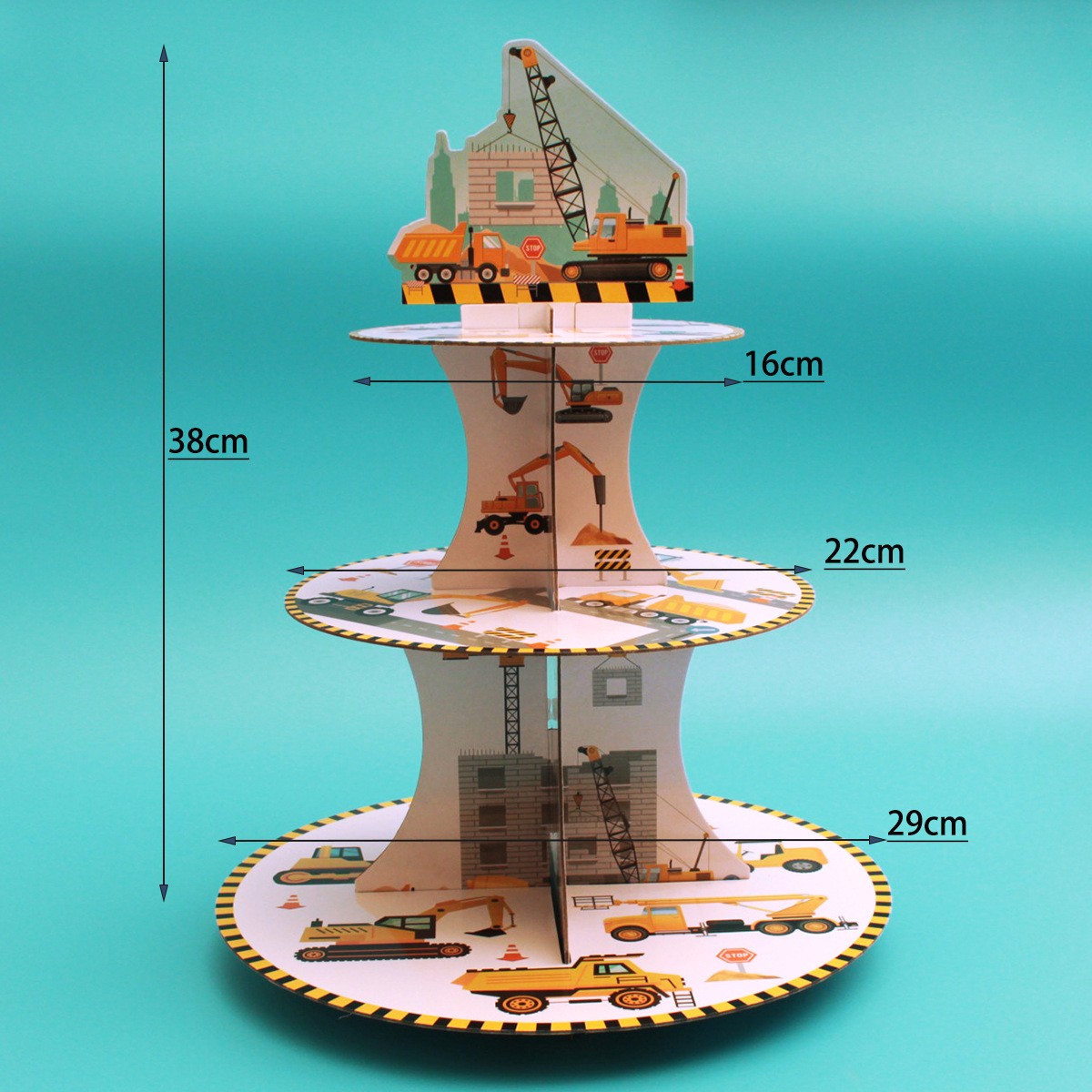 Etajera pentru Prajituri, Flippy, din Carton, 3 Nivele, 16/22/29 cm Diametru, Inaltime 38 cm, Tema Utilaje de Santier, Multicolor [5]