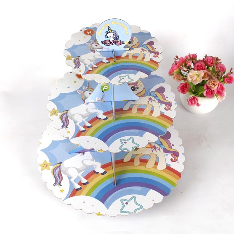 Etajera pentru Prajituri, Flippy, din Carton, 3 Nivele, 16/22/29 cm Diametru, Inaltime 38 cm, Tema Unicorni, Multicolor [3]