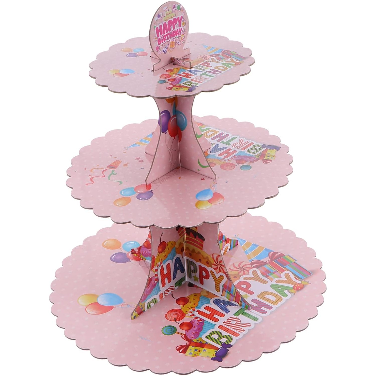 Etajera pentru Prajituri, Flippy, din Carton, 3 Nivele, 16/22/29 cm Diametru, Inaltime 38 cm, Tema Happy Birthday, Roz [1]