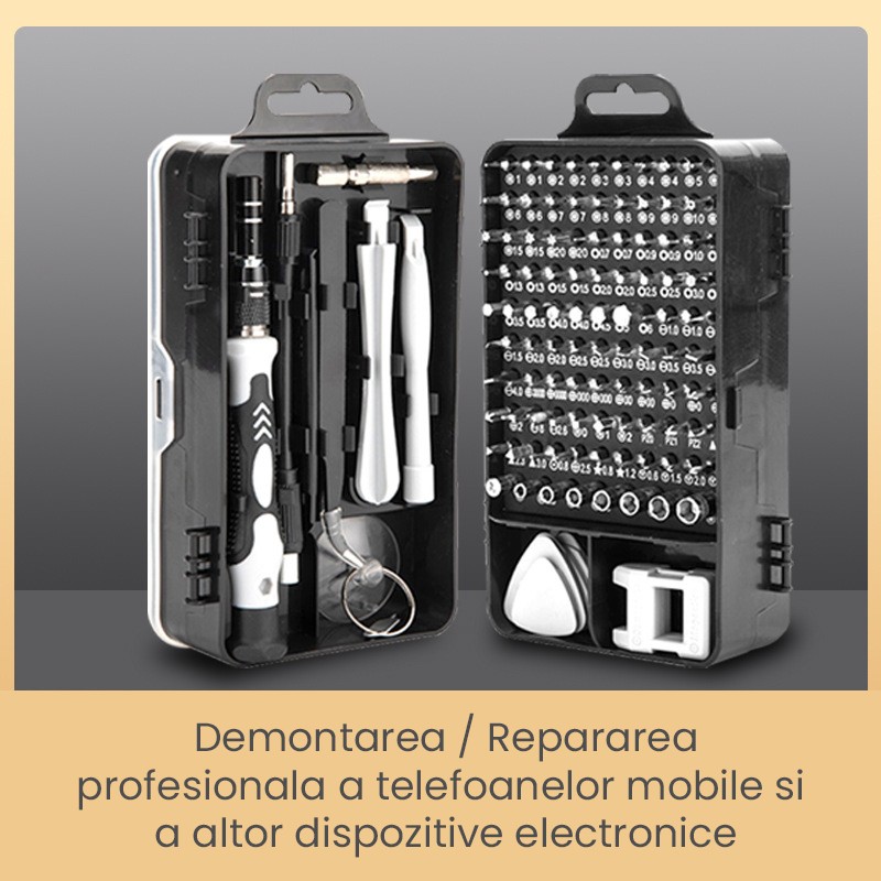 Surubelnite pentru Reparea Telefoanelor, Flippy, Set 115-in-1 Cromate, Demontarea Repararea Ceasurilor, Electronicelor Mici, Maner detalii Albe, 18 x 11 x 6 cm, Negru [4]