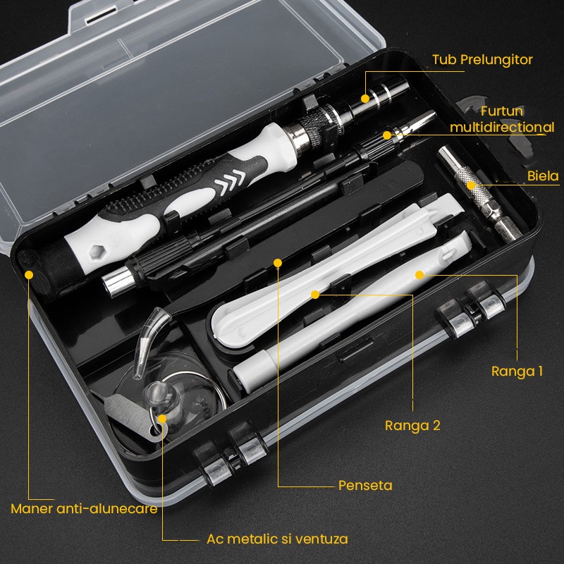 Surubelnite pentru Reparea Telefoanelor, Flippy, Set 115-in-1 Cromate, Demontarea Repararea Ceasurilor, Electronicelor Mici, Maner detalii Albe, 18 x 11 x 6 cm, Negru [5]