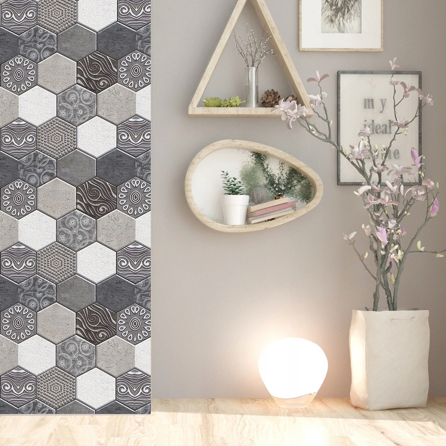 10 x Placi Tapet Autocolant 3D cu Imitatie de Marmura Hexagonala, pentru Perete Bucatarie Sufragerie, Usor de Curatat, Rezistent la Apa, Autoadeziv [6]