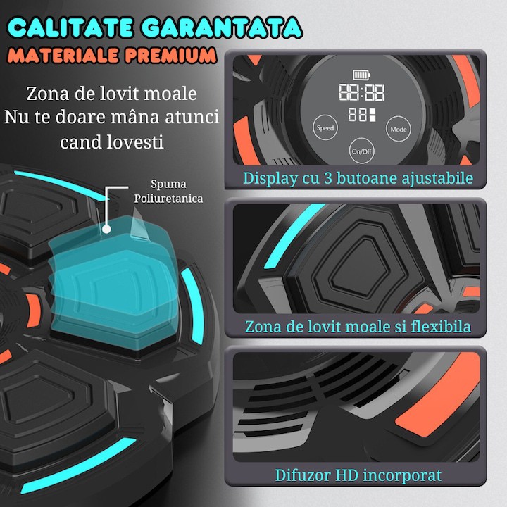 Tinta Lovituri Box Montabil pe Perete, Flippy, Negru, Difuzor, Bluetooth, Iluminare LED, 41.5 x 6.5 x 42 cm, Manusi Incluse [2]