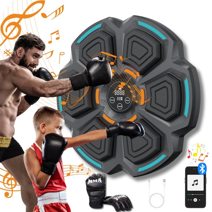 Tinta Lovituri Box Montabil pe Perete, Flippy, Negru, Difuzor, Bluetooth, Iluminare LED, 41.5 x 6.5 x 42 cm, Manusi Incluse [1]