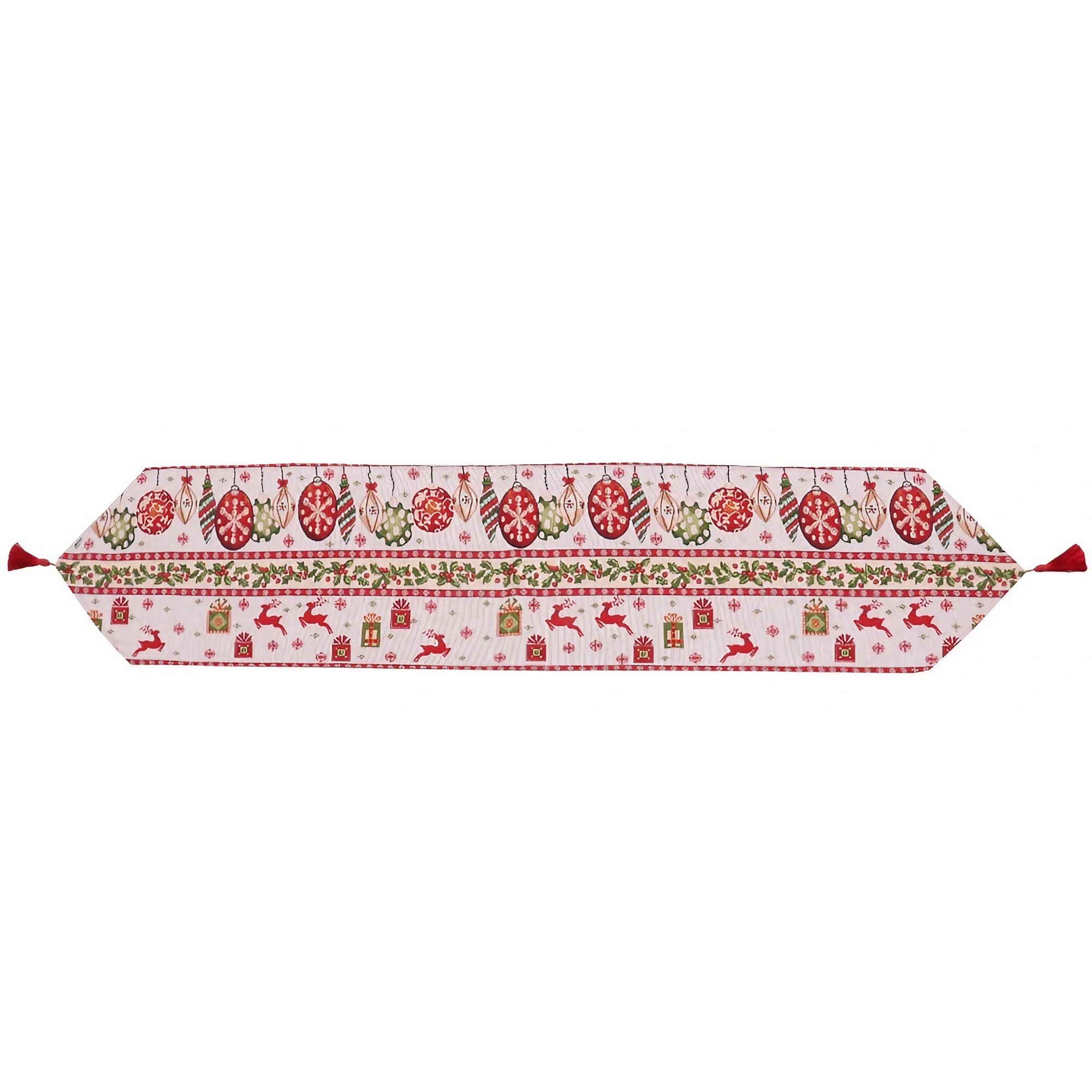 Casă și camping - Traversa de Masa pentru Craciun, Flippy, Napron, din Material Tricotat cu Tesatura Groasa, Model Globuri, Reni si Cadouri, cu Colt si Ciucure, 173x34x0.2 cm, Alb/ Rosu