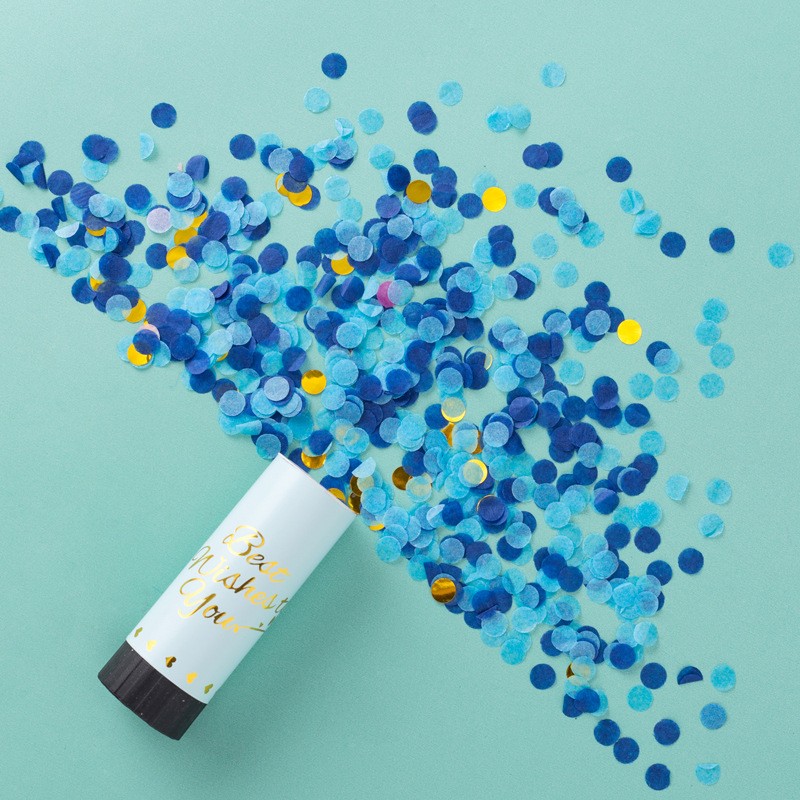 Cadouri și petreceri - Tun de Confetti, Flippy, Best Wishes 11 x 4 cm, Model Buline din Hartie si Folie, Albastru